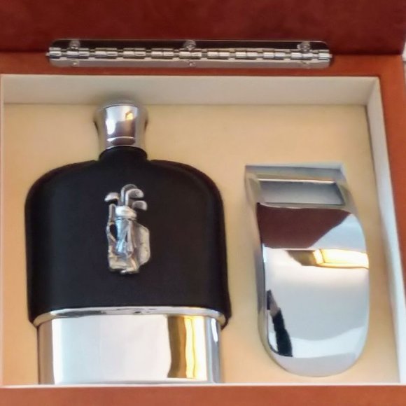 Golf Bag Flask Silver Chrome Leather & in Burl Walnut Box New - Picture 2 of 12